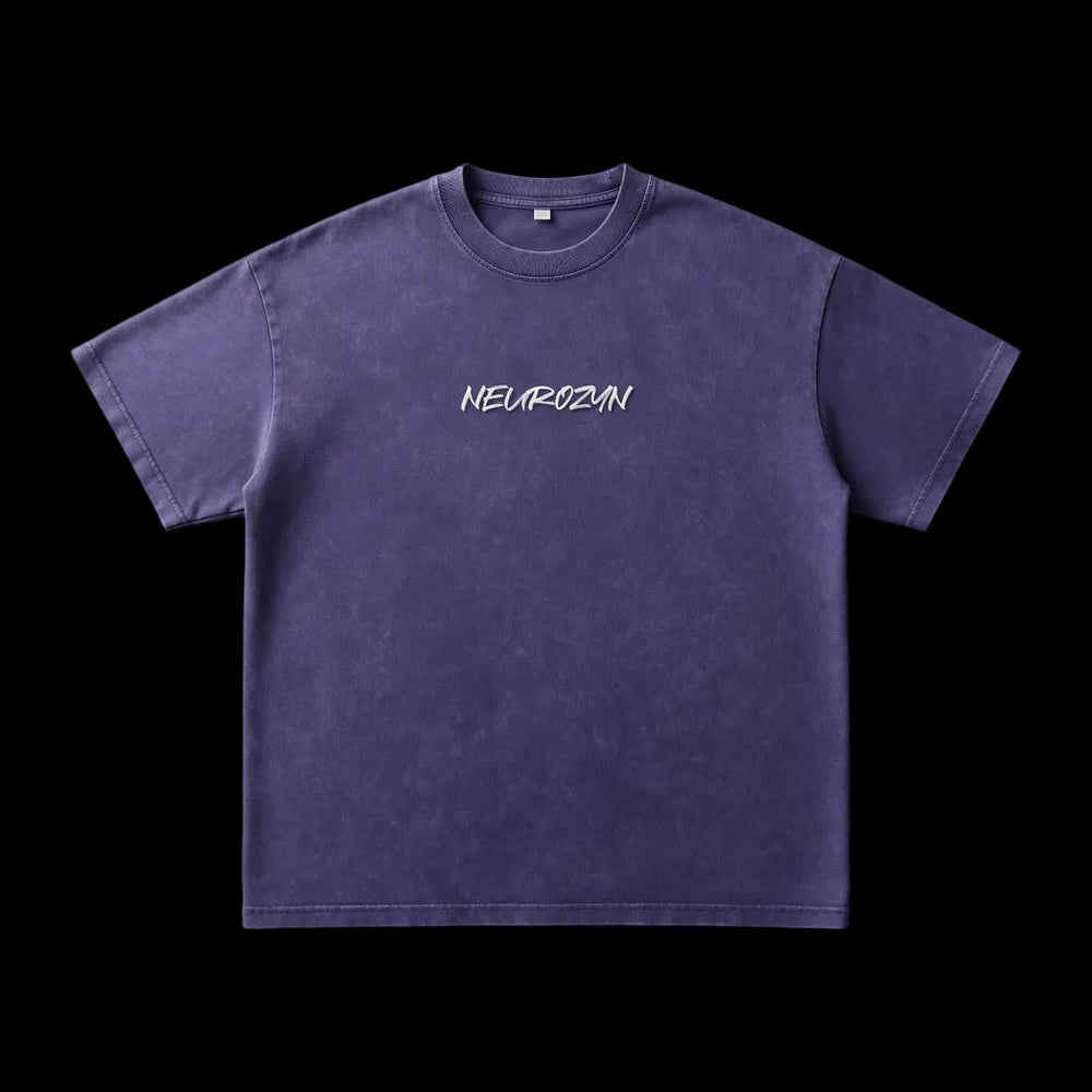 Purple t-shirt with 'NEUROZYN' branding on a gray background