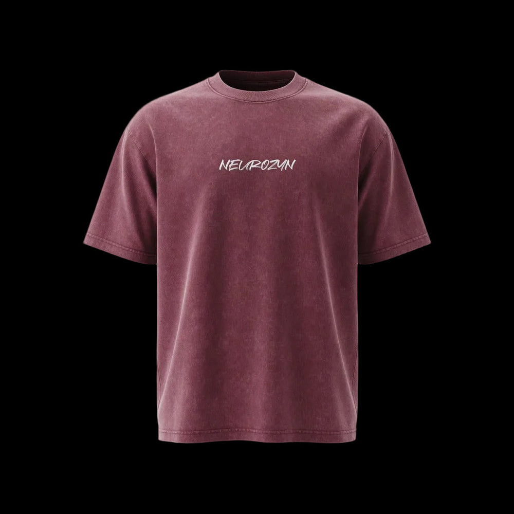 Maroon t-shirt with white text on a light gray background